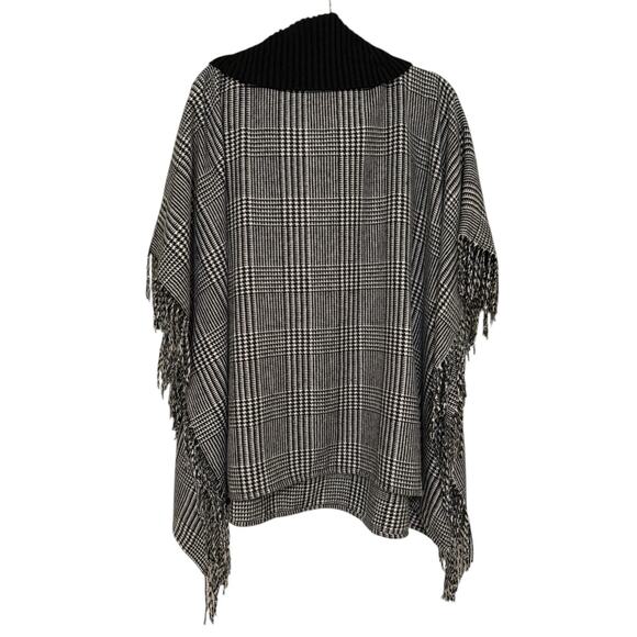 Talbots M/L Black White Houndstooth Fringe Cape Poncho Cowl Neck Classic Chic - Picture 6 of 6